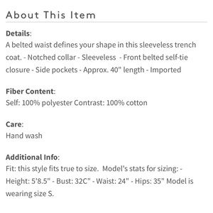 Harlowe & Graham Jackets & Coats - Harlowe & Graham sleeveless trench Harlowe & Graham Jackets & Coats - Harlowe & Graham sleeveless trench